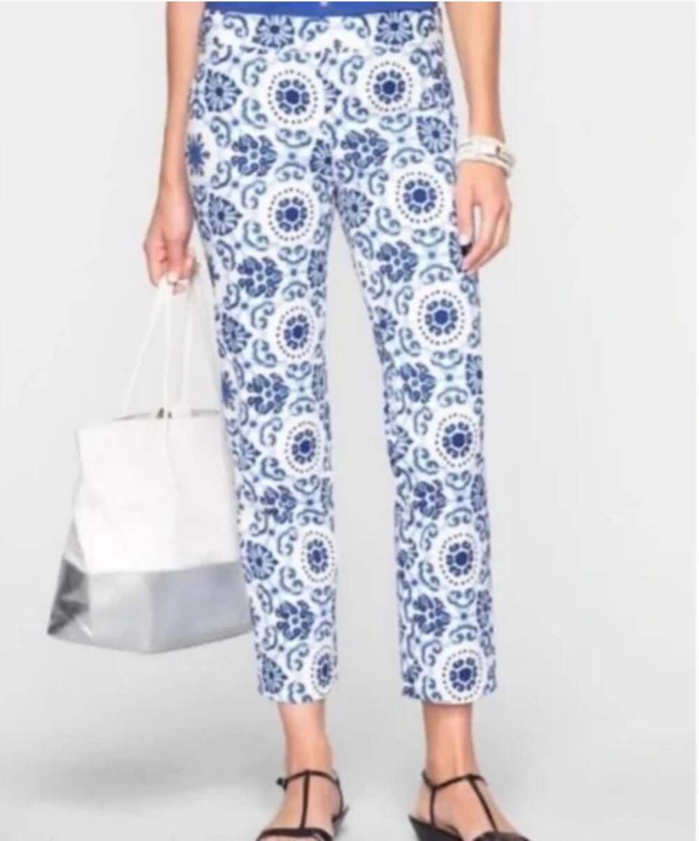 TALBOTS Heritage Cropped Ankle Straight Pant in Mosaic Blue & White // 14 Petite